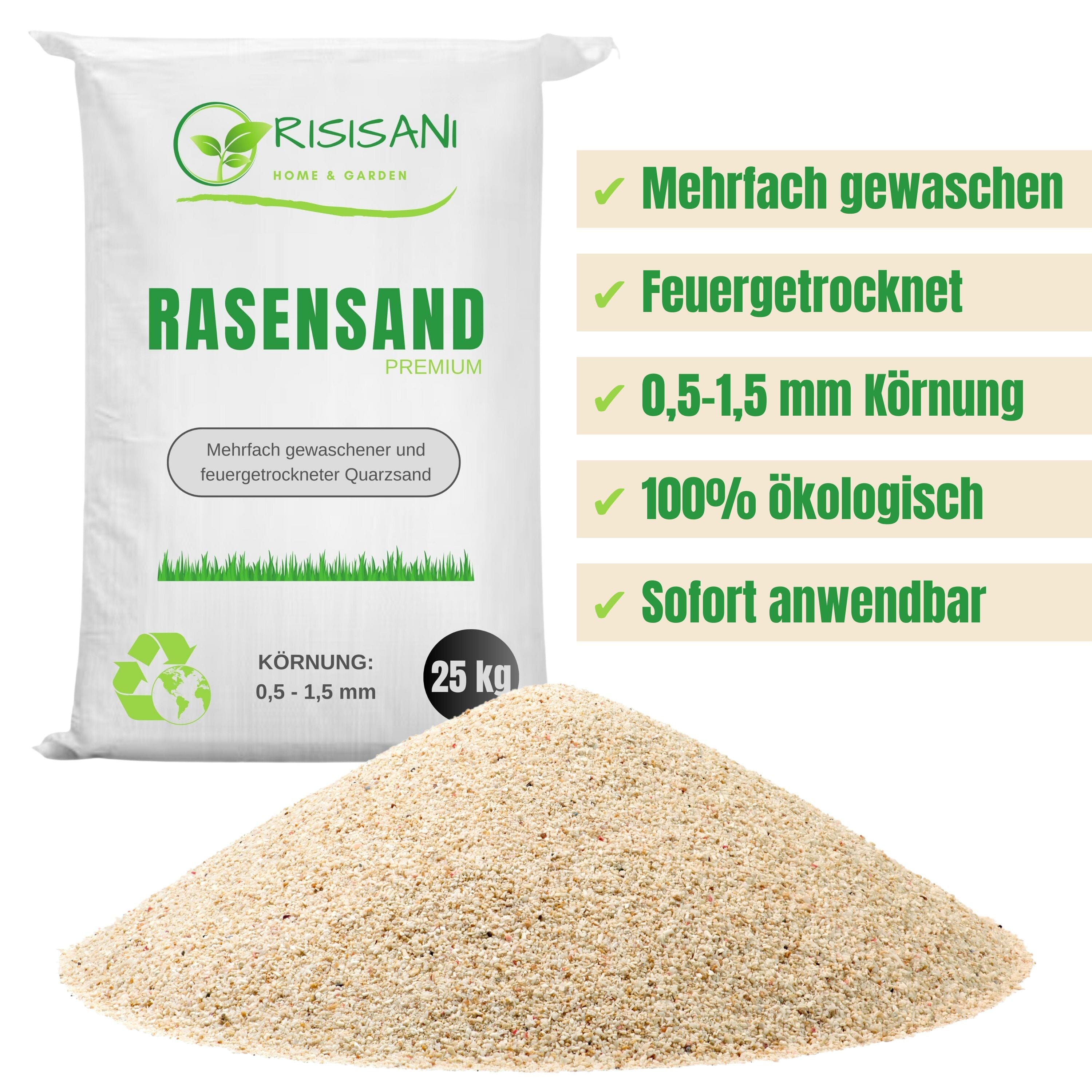 Rasensand Premium 0,5-1,5 mm | 25 kg | Quarzsand gewaschen und feuergetrocknet RISISANI Home & Garden DE